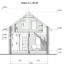 Проект квадратного дачного дома из бруса № 92/26. Разрез.